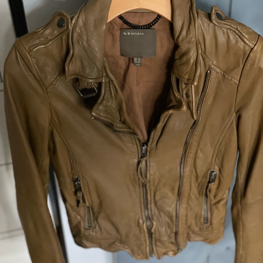 MUUBAA Fitted Leather Jacket Mustard Yellow US 2 - Picture 4 of 8